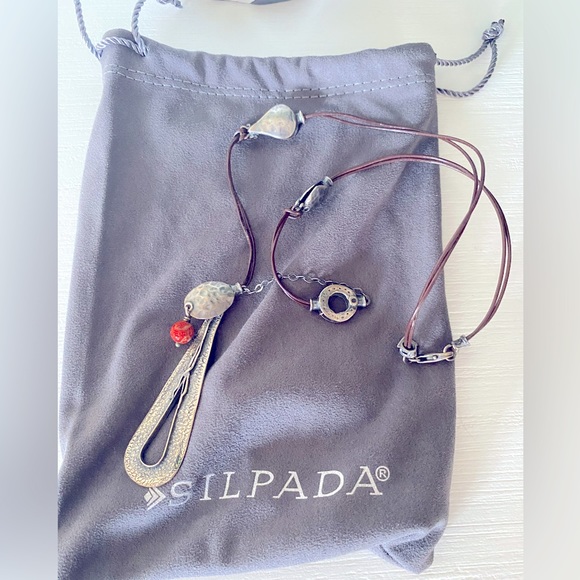 Silpada Teardrop Sterling Silver Pendant Coral Leather Necklace & Pouch N1950 - Picture 1 of 6